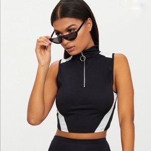 Black Contrast Panel Zip Up Crop Top